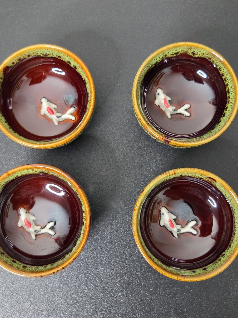 Handcrafted Koi Ceramic Tea Cups in Brown and Green